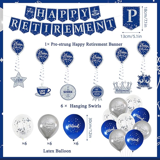Roetyce Retirement Party Decorations for Men Women, Blue Silver Happy