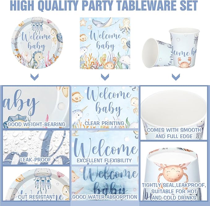 200 Pcs Under the Sea Baby Shower Paper Plates Napkins Cups Baby