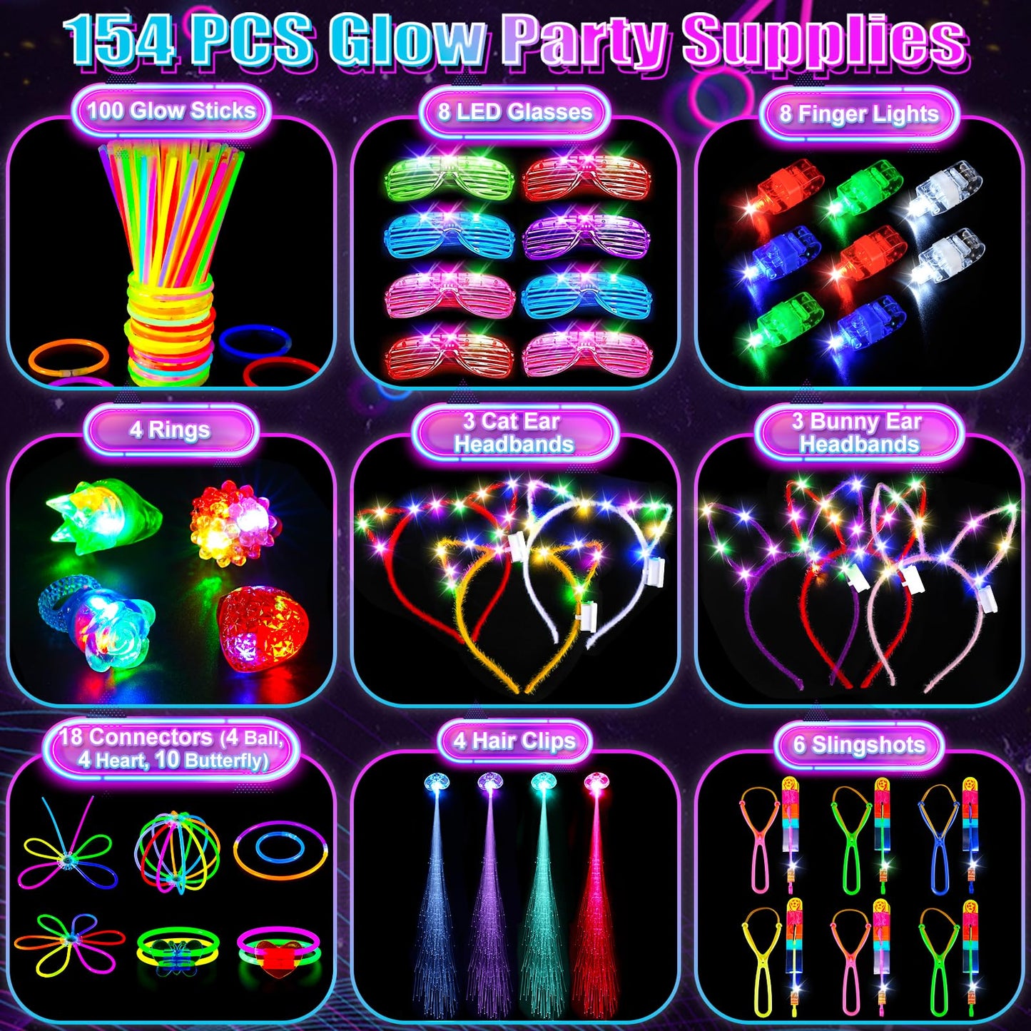SHQDD 154PCS Glow in the Dark Party Supplies, Neon Party Accessories
