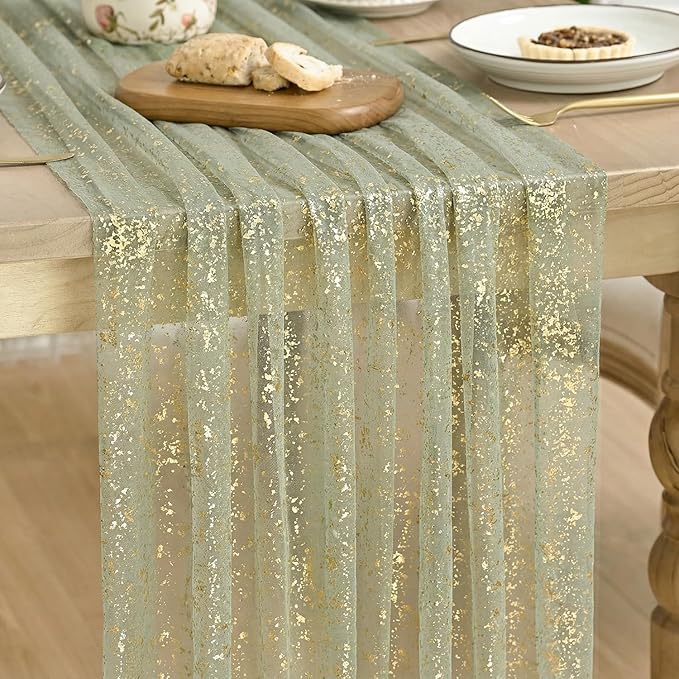 Artoid Mode Sage Green Gold Gauze Table Runner 59x120 Inch 10FT,
