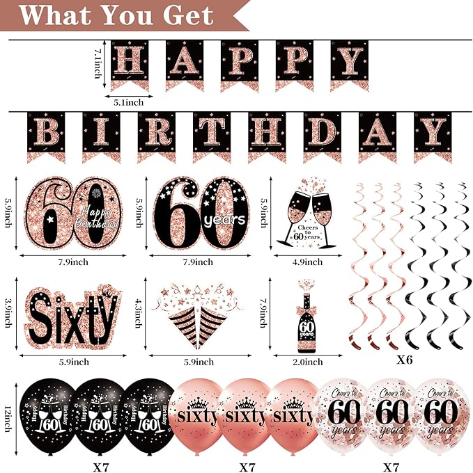 60th Birthday Decorations for Women 33pcs Black Rose Gold Happy 60th