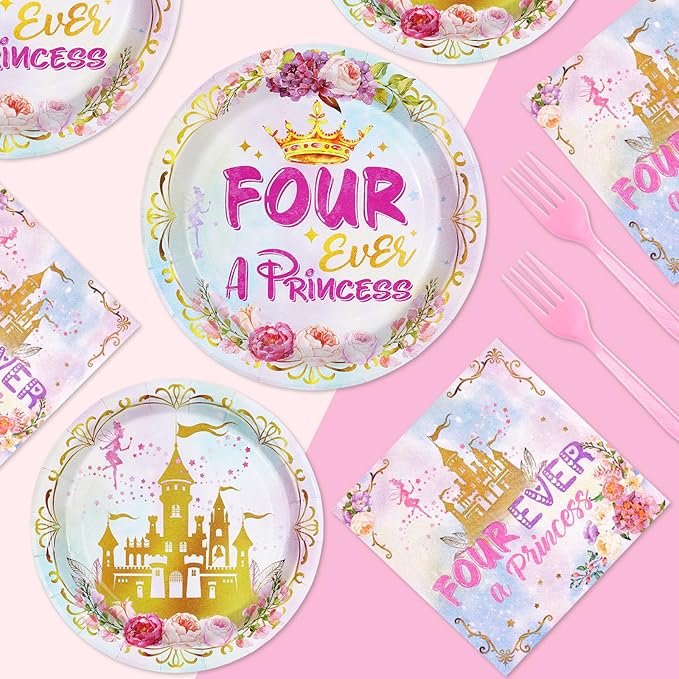 96 Pcs Princess Birthday Party Supplies 350 GSM Four Ever a Princess