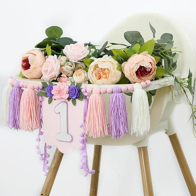 Handmade Wildflower 1st Birthday High Chair Banner Purple Pink