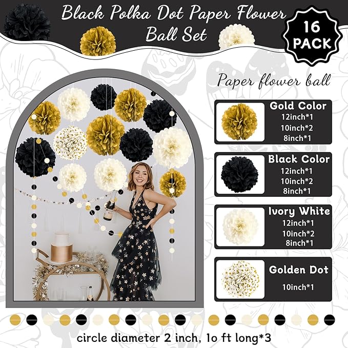Black and Gold Party Decorations 16 PCS Tissue Paper Pom Poms Dots