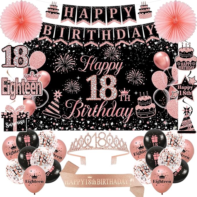 18th Birthday Decorations for Girls Her 52Pcs Black Rose Gold Party