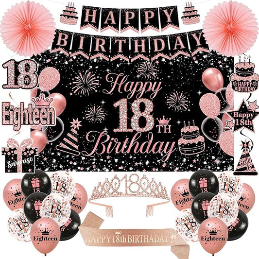 18th Birthday Decorations for Girls Her 52Pcs Black Rose Gold Party