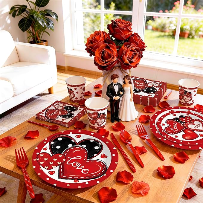 168Pcs Valentine's Day Party Supplies Red and Black Heart Party