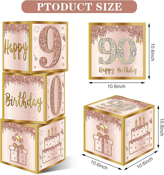 3Pcs 90th Birthday Decorations Boxes for Women Pink Rose Gold 90th