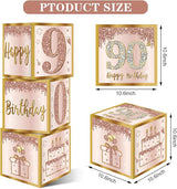 3Pcs 90th Birthday Decorations Boxes for Women Pink Rose Gold 90th