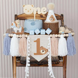 Bear First Birthday Blue High Chair Banner Decorations Baby Boy With
