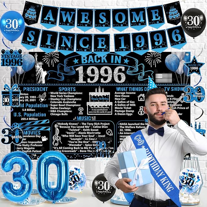 30th Birthday Decorations for Men 20PCS Black Blue Back in 1996