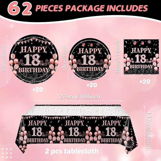 62Pcs 18th Birthday Decorations for Girls Her Rose Gold Birthday