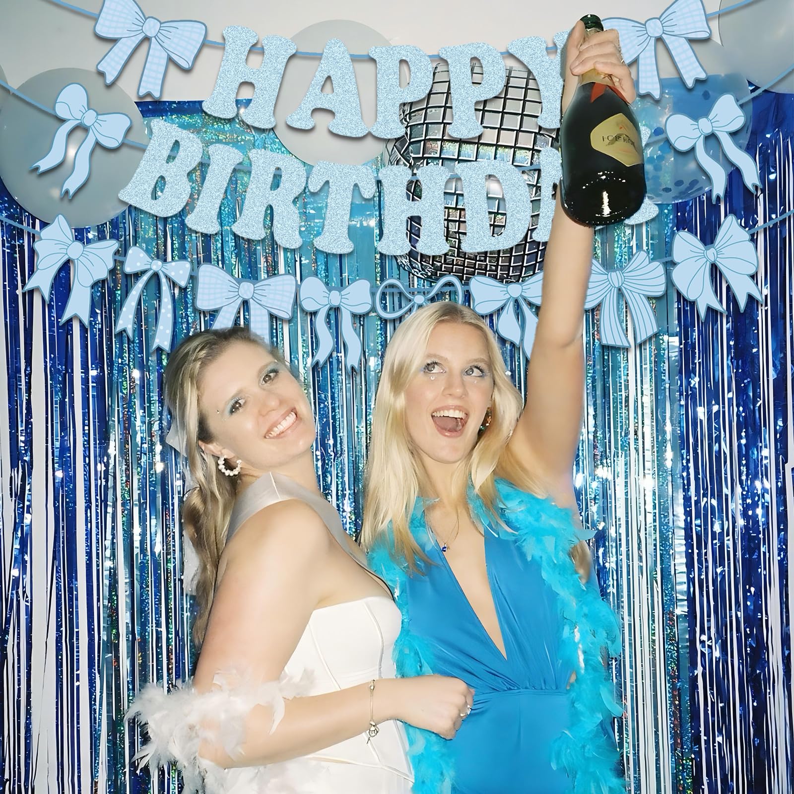 Pre-Strung Blue Bow Decorations Glitter Happy Birthday Banner Bow