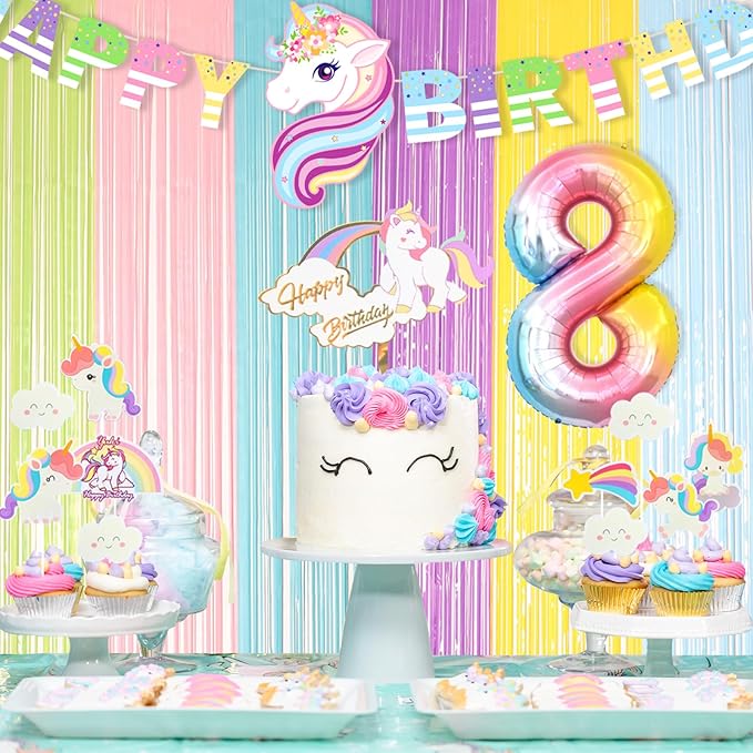 Unicorn 8th Birthday Party Decorations Rainbow Banner Balloons No.8
