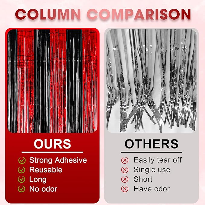 Voircoloria 3 Pack 3.3x8.2 Feet Red and Black Foil Fringe Backdrop