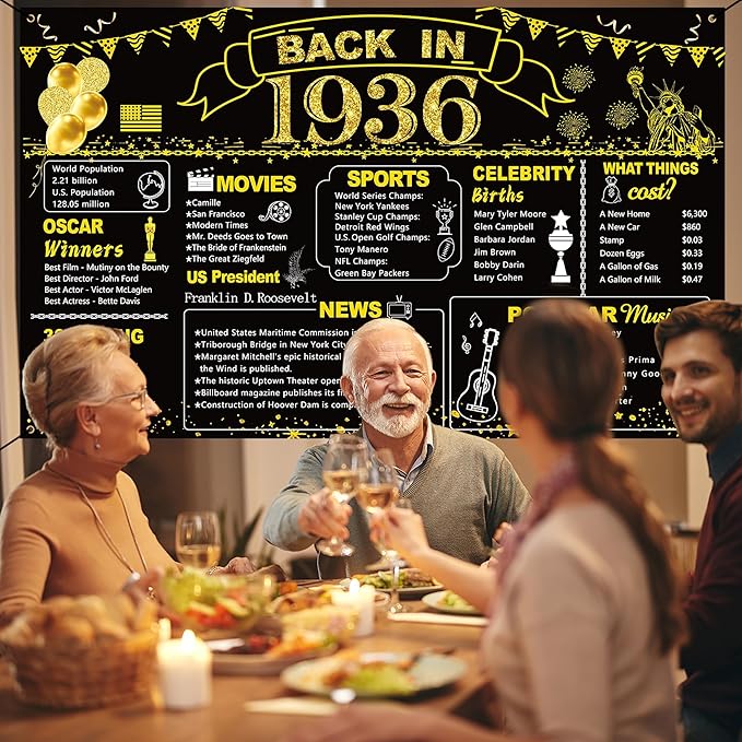 DARUNAXY 90th Birthday Black Gold Party Decoration, Back in 1936