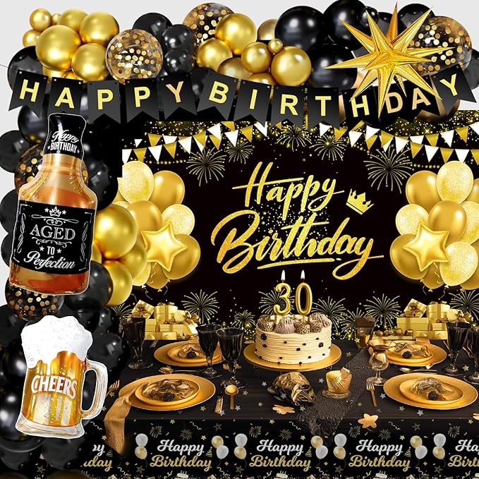 Black and Gold Birthday Decorations for Men Women Black