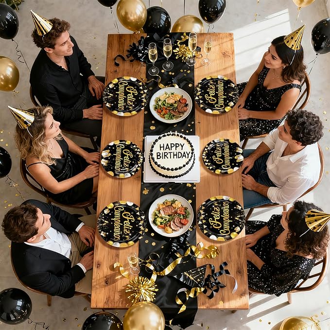 96Pcs Black and Gold Birthday Party Supplies Feliz Cumpleaños Gold