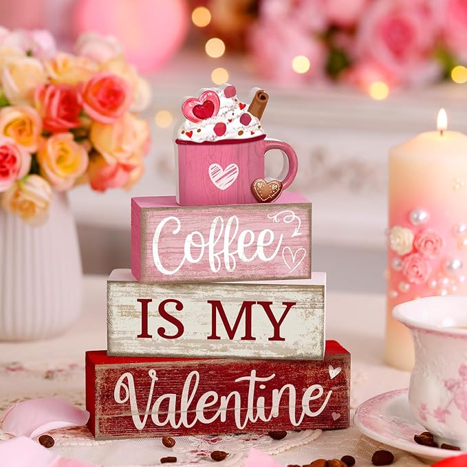 4 Pcs Valentine's Day Table Decor Wooden Cocoa Decoration