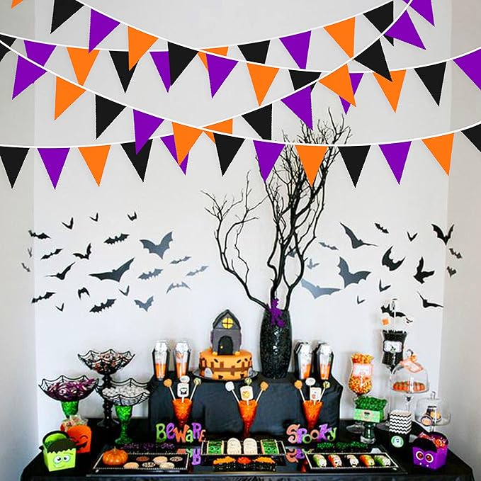 32Ft Orange Black Purple Halloween Pennant Banner Fabric Triangle