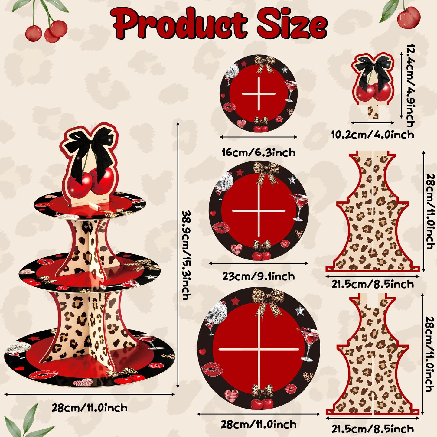 Haooryx Cheetah Cherry Cupcake Stand - 2Pack 3 Tier Red Cherry Bow