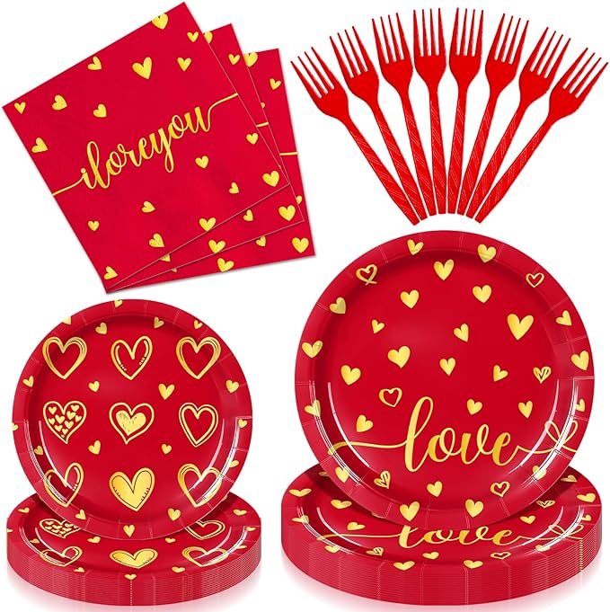 96 Pieces Valentine's Day Love Tableware Set Red and Gold Heart