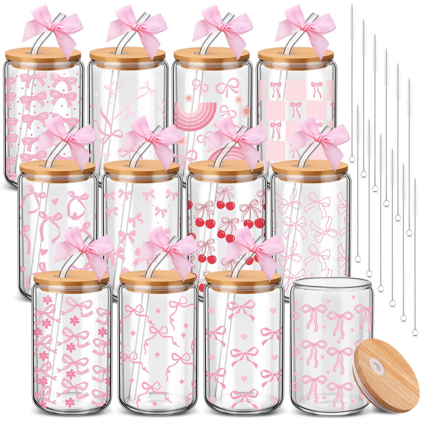 Yetene 12 Sets Mother's Day Pink Bow Glass Cups Gifts 16 oz Cute Bow