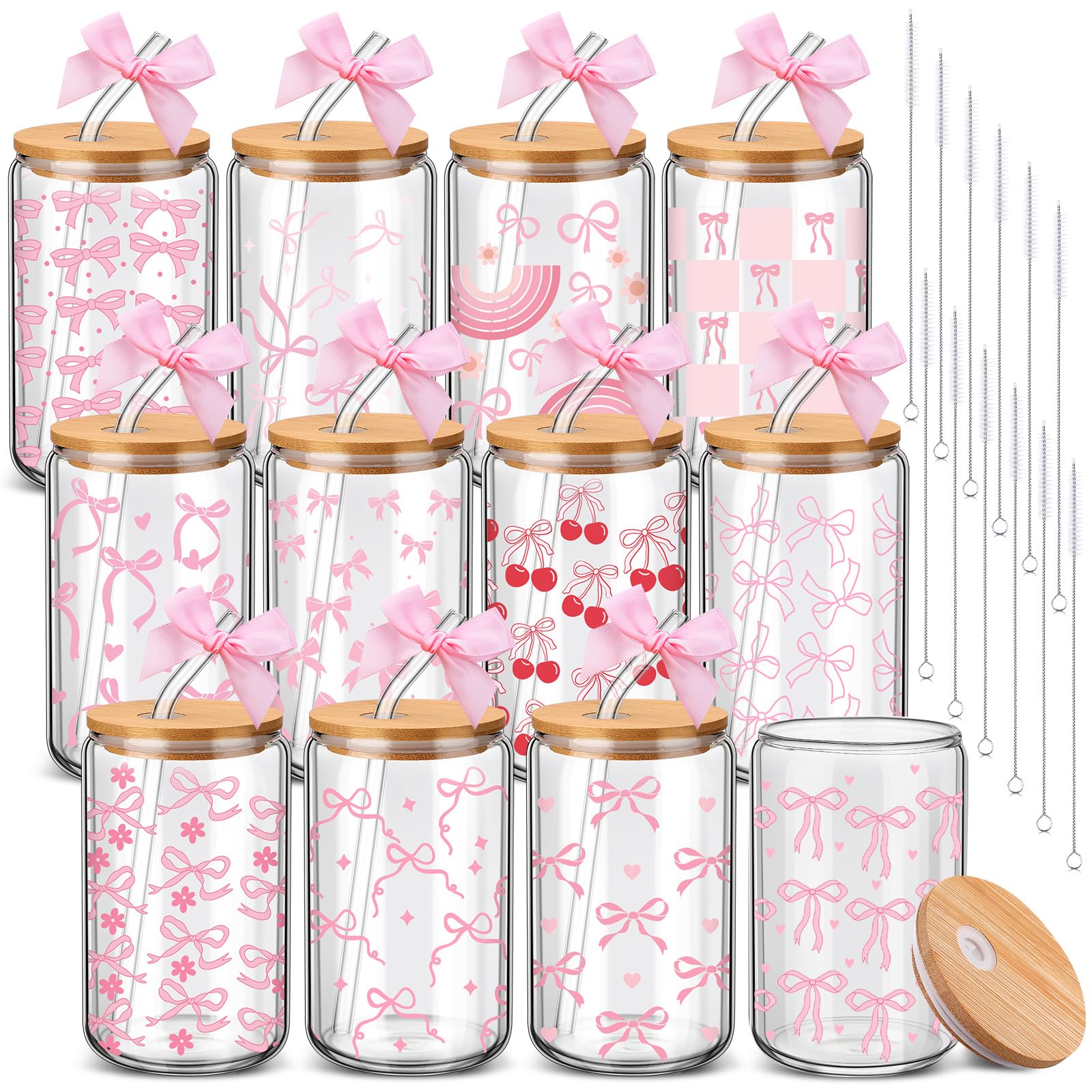 Yetene 12 Sets Mother's Day Pink Bow Glass Cups Gifts 16 oz Cute Bow