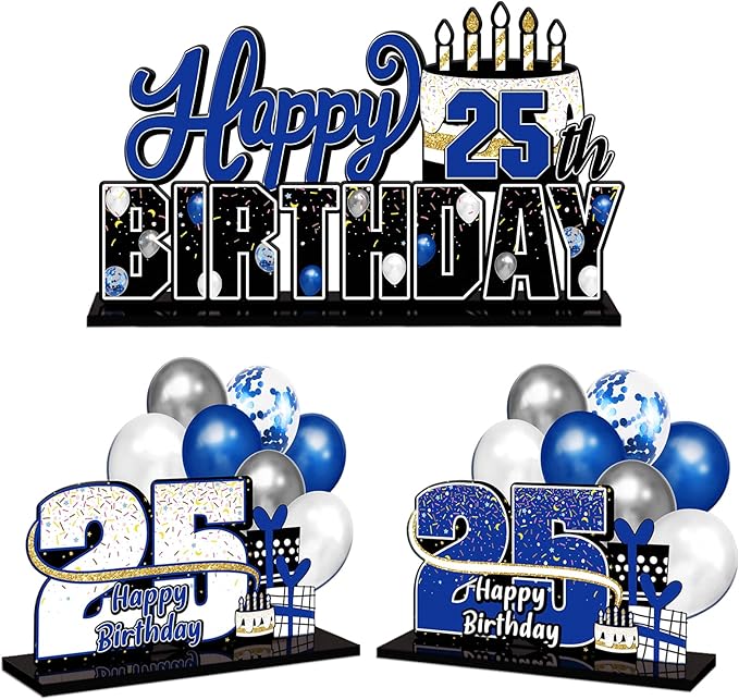 LINGTEER Happy 25th Birthday Blue Acrylic Table Topper Centerpieces