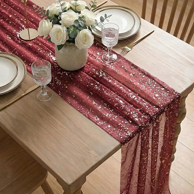 Artoid Mode Burgundy Gold Gauze Table Runner 120 Inch 10FT, Glitter