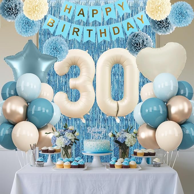 Dusty Blue 30th Birthday Party Decorations for Her Him Beige Cream