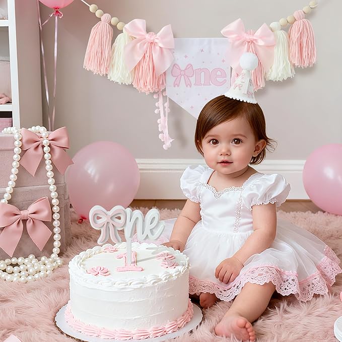 Pink Bow 1st Birthday Highchair Banner Decorations Wood Bead Tassel