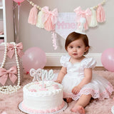 Pink Bow 1st Birthday Highchair Banner Decorations Wood Bead Tassel