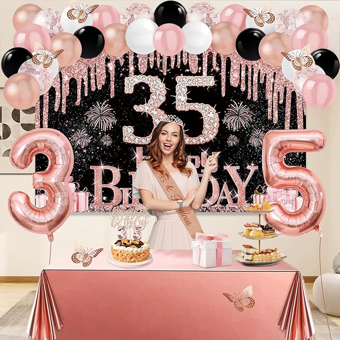35th Birthday Decorations for Women 49pcs Black Rose Gold Black