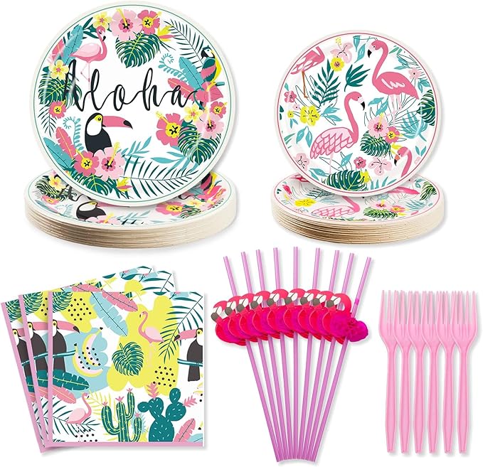 Hawaiian Luau Party Decorations Plates and Napkins Set Flamingo