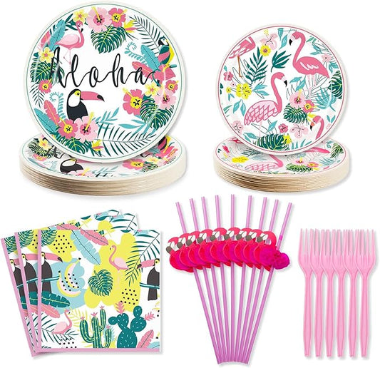 Hawaiian Luau Party Decorations Plates and Napkins Set Flamingo