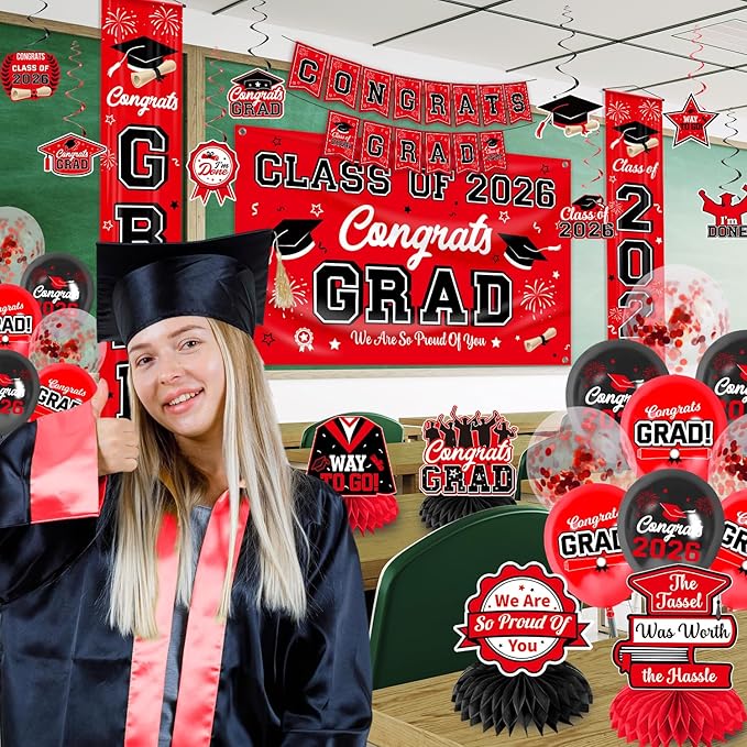 Graduation Decorations Red and Black Party Decor Set include Congrats