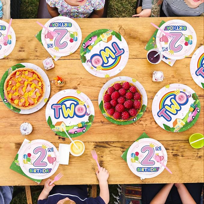 96Pcs Pink Pig 2nd Birthday Party Decorations Pink Piggy Paper Plates