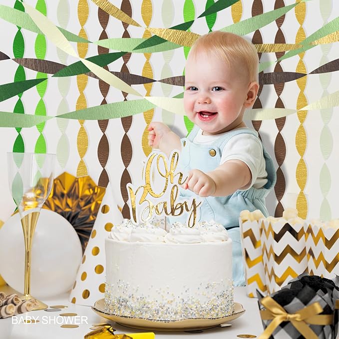 AOYOO 5 Rolls Crepe Paper Streamers - Sage Olive Green, Gold & Ivory