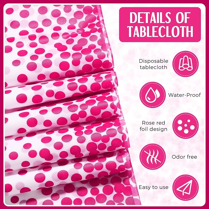 Breling 8 Pack White and Hot Pink Disposable Plastic Tablecloths and