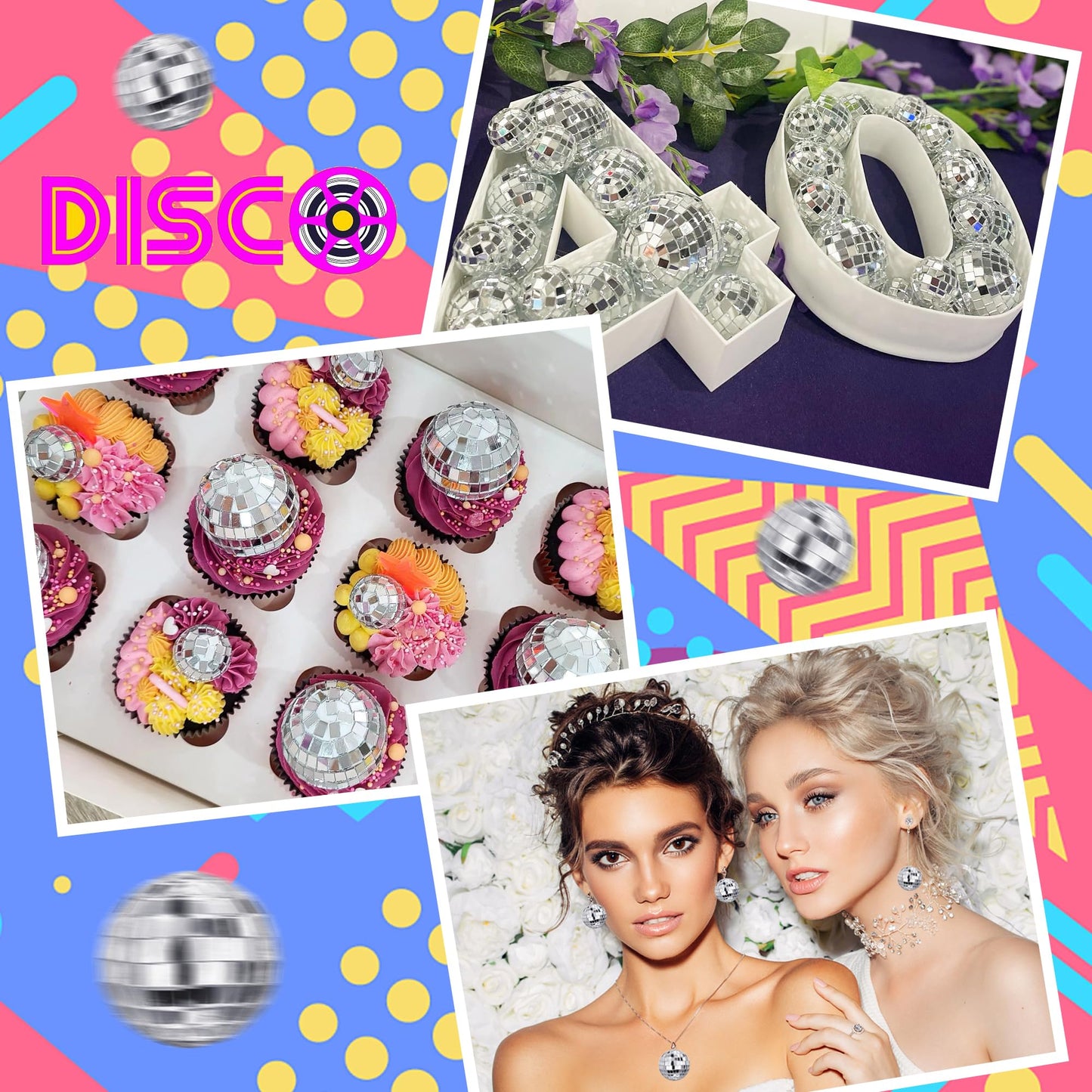 108 PCS Disco Ball Cake Ornaments Reflective Mirror Ball 70s Themed