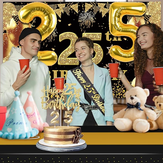 25th Birthday Decorations Men Women with 25th Birthday Banner Black