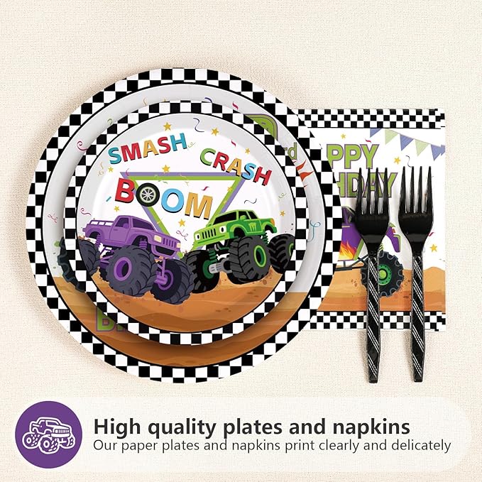 96 Pcs Monster Theme Truck 3rd Birthday Party Supplies Green Purple