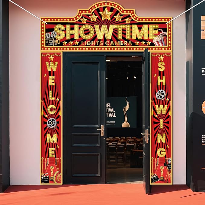 3 Pcs Movie Night Decorations Porch Sign Banner Showtime Movie Theme