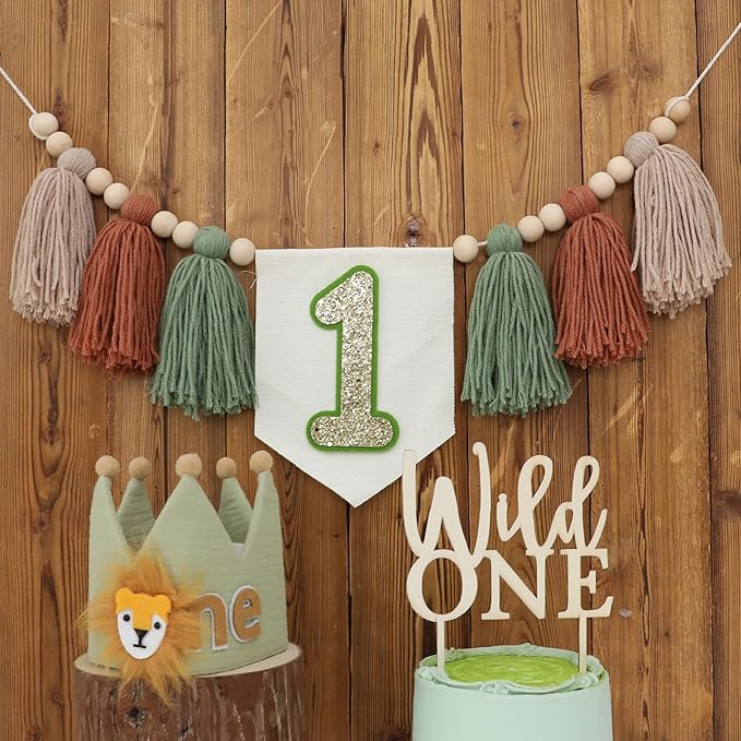 Wild One 1st Highchair Wood Bead Tassel Garland Lion Crown Hat