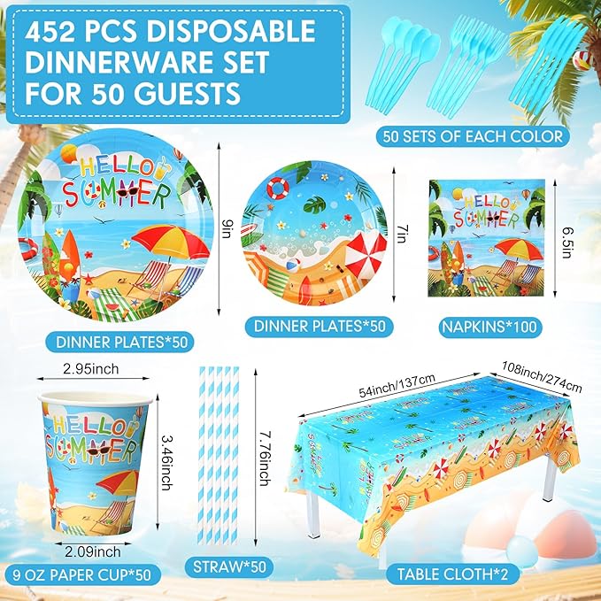 452 Pcs Hello Summer Party Decorations Beach Party Supplies for 50