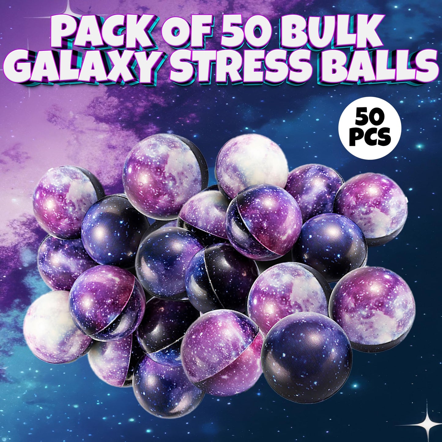 Galaxy Stress Balls for Kids - Pack of 50 Bulk - Squeeze Anxiety