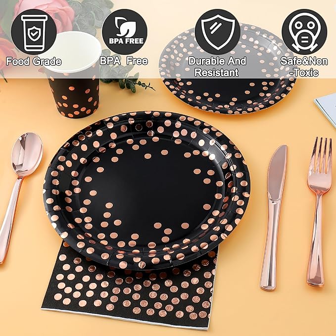 175PCS Black and Rose Gold Party Supplies,Rose Gold Dot on Black