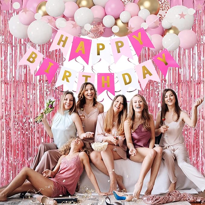 Pink Gold Birthday Party Decorations, Happy Birthday Banner, Pink