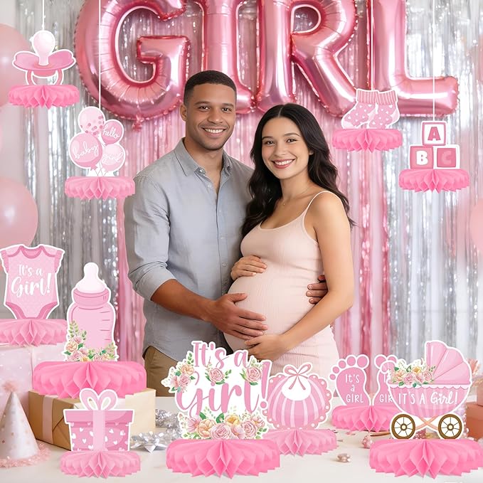 Girl Baby Shower Decorations Set - Kit with Pink Honeycomb